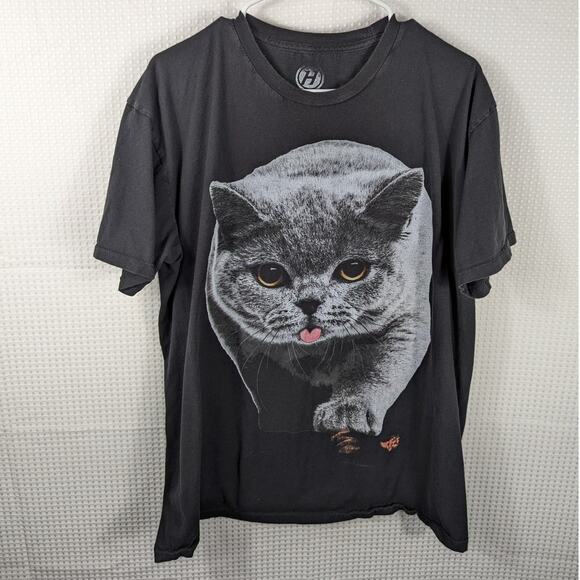 Hyperfavor Cat Graphic T-Shirt XL Black Realistic Kitten Print Funny Animal Tee - Picture 1 of 4